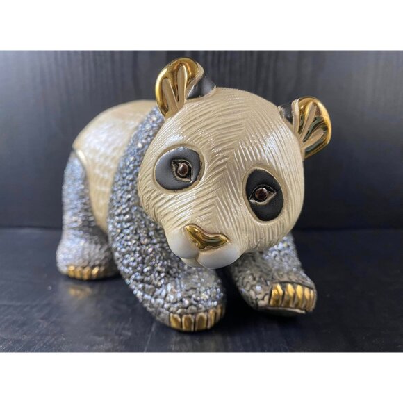 Large Adult De Rosa Rinconada Panda Figurine 17 cm x 10cm Ceramic Gold - Picture 3 of 12